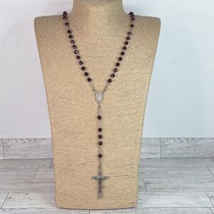VTG Silver Tone Red Garnet Bead Rosary w. Cross Crucifix Necklace France 20"